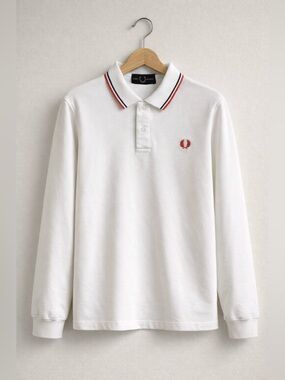 Fred Perry White Long-Sleeve Polo with Red Laurel and Navy-Trim Collar